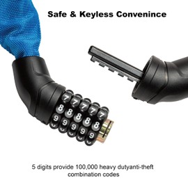 Via Velo Bike Chain Lock, 5-Digit Resettable Combination Heavy Duty Anti-Theft Bicycle Lock, 2.95 Ft Security Bike Locks for Scooter, Motorcycle, Gate, Fence, Valuables Etc(Blue)