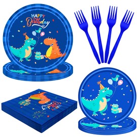 HJINGY 96 PCS Dinosaur Party Supplies Blue Dinosaur Birthday Party Tableware Set for Boy Kids Blue Dino Plates Napkins Forks Party Decorations for 24 Guests Dino Party Favors