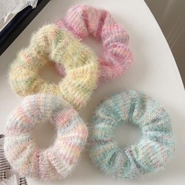 TUCEWP Scrunchies for Women's Hair 4Pcs Pink Blue Knit Scrunchies for Long Thick Curly Hair Ultra Textured Soft Hair Bands Colorful Fluffy Scrunchies Cute Ponytail Holders No Damage Elastic Hair Ties