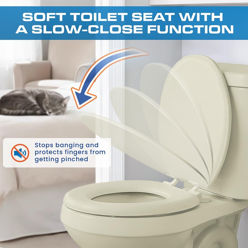 Plexon Soft Cushioned Toilet Seat, Round, Bone, Slow-Close Lid &