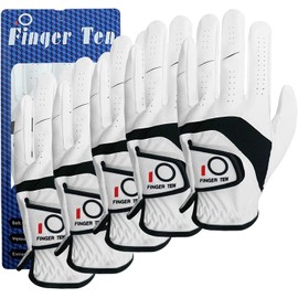 FINGER TEN Men’s Golf Gloves 5 PCS Left Hand Right Handed Leather All Weather Grip Soft Breathable Flexible for Golfers Size Small Medium ML Large XL (XXXL, Left)