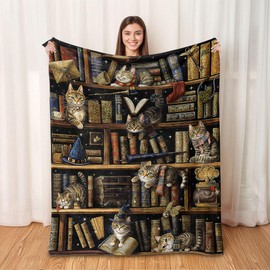 Cat Bookshelf Blankets for Women 50"x 60", Cat Mom Lover Gifts for Women Girls, Vintage Bookshelf Reading Throw Blanket, Brown Soft Cozy Lightweight Throws Blankets for Couch Bed Sofa Chair Decor