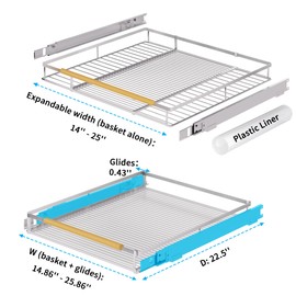 KIKIBRO Expandable Pull Out Drawer Cabinet Organizer, Adjustable Width Bottom-Mounted Slide Out Storage Shelves for Cabinets, Required Cabinet Size (14.86"~25.86", D≥22.5"), 1 Pack