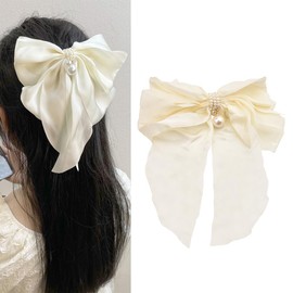 Pearl Bow Hair Clips for Women Girls Hair Bows Clips for Girls Women Beige Bow Barrettes Long Tail Hair Clip with Bow Knot Hair Accessories for Women Girls