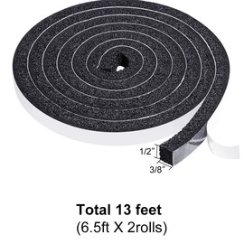 TORRAMI Open Cell Foam Weather Stripping Tape 1/2 Inch W X 3/8 Inch T, High Resilience Adhesive Seal Insulating Strip for Door and Windows Total 13 Feet (2 Rolls of 6.5 Ft Each)