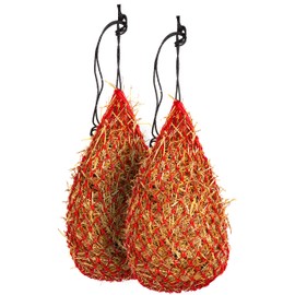 Majestic Ally 2 pcs Slow Feed 42” Hay Net for Horses, Strong Small 2x2” Holes, Nylon Rope Hanging, Adjustable Travel Feeder for Trailer and Stall, Simulates Grazing, Reduce Waste (Red)