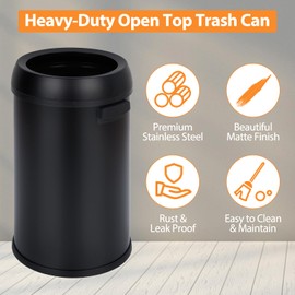 GarveeHome 17 Gallon/65 Liter Open Top Trash Can, Stainless Steel Rubbish Bin, Commercial Grade Waste Container, Round Garbage Can for Outdoor, Home Office, Restaurant, Black