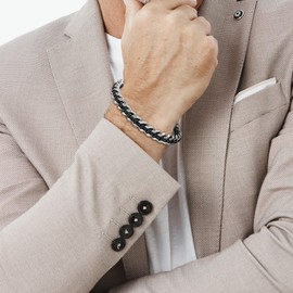 Mens Chain Bracelet Leather Bracelet Black Leather Steel Chain murtoo Bracelet Gift for Men Him (8 inches, Black)