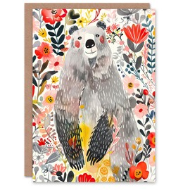 Artery8 Greeting Card Cute Happy Grey Bear in Wildflowers Folk Art for Child Kids Birthday Card