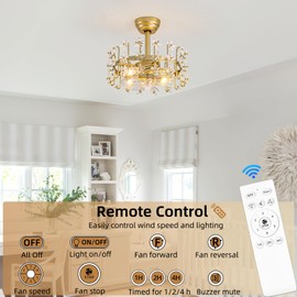 YEDAORL Modern Gold Crystal Fandelier Ceiling Fans with Lights and Remote,Chandelier Fan for Girl's Bedroom,Living Room
