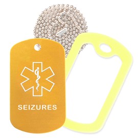 Seizures Medical Alert ID Necklace with Gold Tag, Yellow Silencer, and 30'' USA Chain - 154 Color Choices