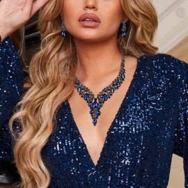 BriLove Women's Wedding Bridal Austrian Crystal Teardrop Flower Leaf Vine Cluster Statement Necklace Dangle Earrings Jewelry Set Sapphire Color Black-Tone