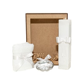 Generic Kit de Bautizo, con concha de Pweter y estuche de madera para niña. Color blanco. Cirio
