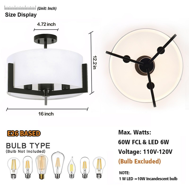 Mecuss 16 inch Semi Flush Mount Ceiling Light: 3-Light Black