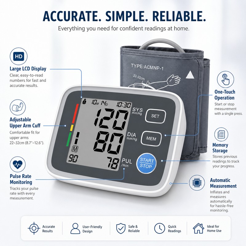 Automatic Upper Arm Blood Pressure Monitor – Adjustable Cuff Digital