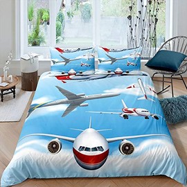 Homewish Aeroplane Bed Linen Set, 135 x 200 cm, Aviation Aeroplane Comforter Cover for Children, Boys, Teenagers, Young Man, Cartoon Aeroplane Duvet Cover, Flying In Thesky Bedroom Decor with 1