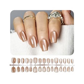 JODSONE 30PCS Nude Cat Eye Press on Nails Set Reusable Short Square Fake Nails Acrylic Diamond Shine Glossy Nature Stick on Nails for Women