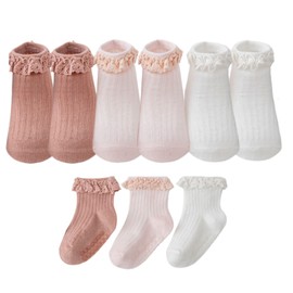 LAJERIN Toddler Socks, Baby Grip Preemie Baby Non Slip Ankle with Non Skid Soles Cute Frilly Ruffle Grip Ankle Socks for Infant Toddler, 5 Pairs-0-6 Years