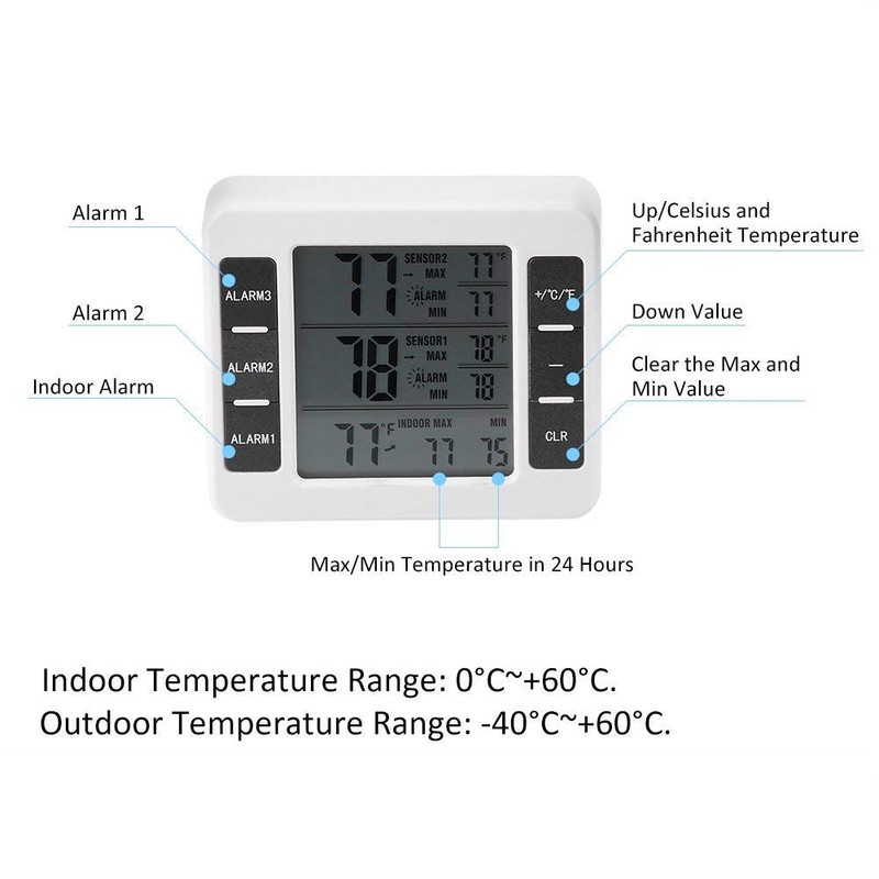 Refrigerator Wireless Digital Audible Alarm Thermometer With 2Pcs Sensor Min/Max