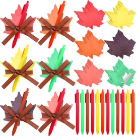 Geyee 24 Pack Fall Leaves Sticky Notepad Set with Pen for Kids Bulk Autumn Leaf Shaped Sticky Note with Pen Ribbons Self Stick Note for Thanksgiving School Office Appreciation Gifts (Maple Leaf)