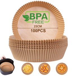 AiQInu Baking Paper for Hot Air Fryer, Airfryer Baking Paper, Round, 23 cm, Pack of 100, BPA-Free, Waterproof, Oil-proof, Parchment Paper, Liner, Airfryer Accessories for Hot Air Fryer, Oven,