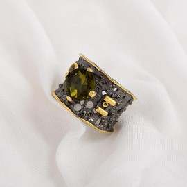 Ravishing Impressions Moldavit-Ring aus 925er Silber – Natürlicher Edelstein, Schwarzrhodinierte Cocktailringe für September-Geburtstage: Entfalten Sie Ihr Potenzial 51 (16.2)