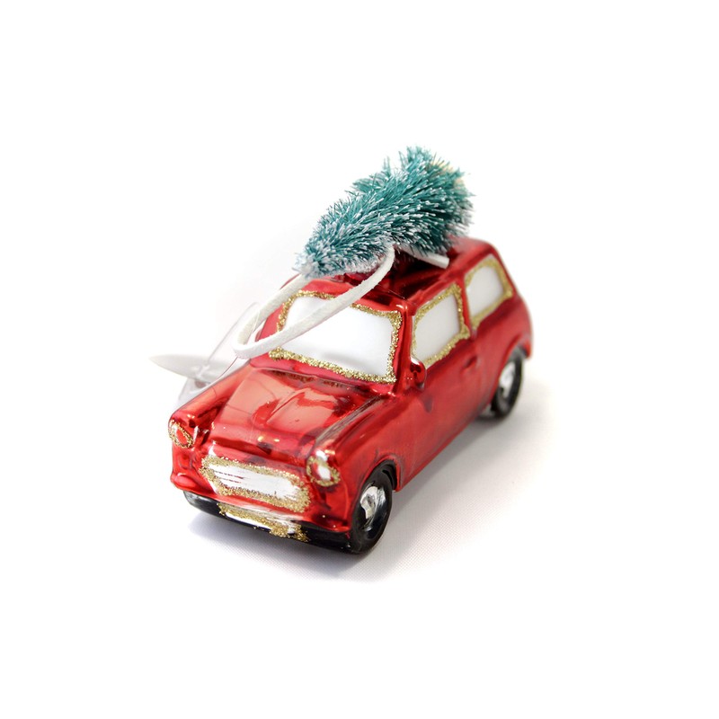 Festive Red Retro Mini with Christmas Tree on Roof Bauble