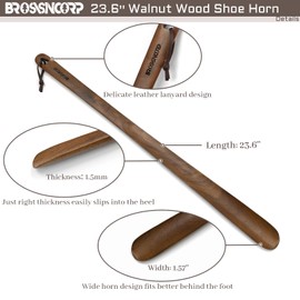 Brosisincorp Wooden Shoe Horn Long Handle For Seniors 23.6" Easy Wear Helper Shoehorns Women Kids Baby Elderly Hanging Rings (Black Walnut 2 Pack)
