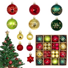 44pcs Golden Shatterproof Round Christmas Tree Ball Ornaments - Classic Hanging Decorations with Assorted Pendants for 2024 Christmas Tree, Home, Party Decorations (gold&red&dark green)