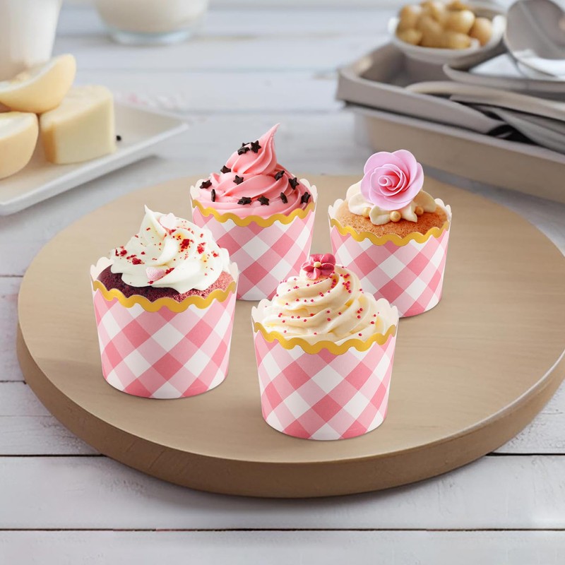 TRUSBER Cupcake Liners for Baking, Standard Size Pink Checkered Muffin
