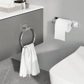 Ruacq Chrome Toilet Paper Holder Towel Ring Bathroom Accessories Hardware Set Double Post Pivoting Toilet Roll Holder Square Stainless Steel and Zinc Alloy Modern Wall Mounted 2 Pieces