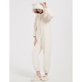 Flygo One Piece Pajamas for Women Adult Onesie PJ Warm Flannel Homewear Sleepwear(Beige-S)