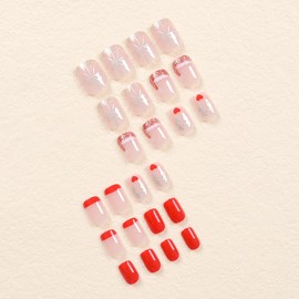 Christmas Press on Nails Short Fake Nails Square Glossy French Tips Red Silver Glitter Bow Design Christmas Glue on Nails Santa Hat Heart Reindeer Acrylic Glue on Nails for Women Girls 24Pcs