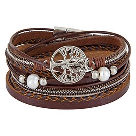 StarAppeal Women’s Wrap Bracelet with Pearls, Chains, Braided Element, Tree of Life Charm and Silver Magnetic Clasp, Silver