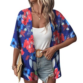 Risipu Women's Loose Print Sheer Chiffon Kimono Beach Swim Cover up Cardigan Capes Blouse Tops (UK, Alpha, One Size, Regular, Regular, Black)