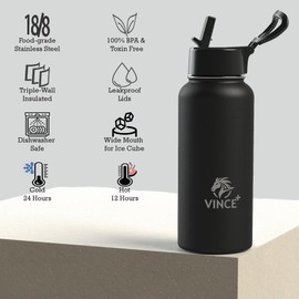 VINCEPLUS Vince+ 32oz Triple Insulated Stainless Steel Water Bottle with Straw, BPA-Free, Leak-Proof, 2 Lids (Fast Flow & Straw Lid) - Wide Mouth Travel Thermal Mug All-Day Use - Jet Black