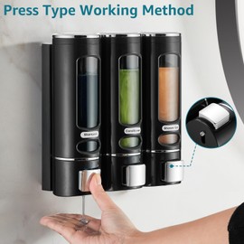 Shampoo and Conditioner Dispenser,Shower Shampoo Dispenser 3 Chamber No Drilled Shampoo Dispenser for Shower Wall Mounted Shower Dispenser Body Wash Dispenser for Bathroom Kitchen Hotel, Black
