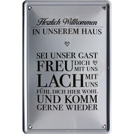 WOGEKA ART Retro Tin Sign "Herzlich Willkommen in unserem Haus" [German Language] Funny Saying as a Gift Idea for Birthday Christmas Decoration 20 x 30 cm Vintage Design Metal 369