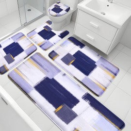 Blue Memory Foam Bathroom Rug Sets 5 Piece, Absorbent Non-Slip Bath Mat with Toilet Lid Cover for Bathroom, Extra Thick Water Absorbent Navy Blue Bath Rugs for Tub, Toilet and Floor