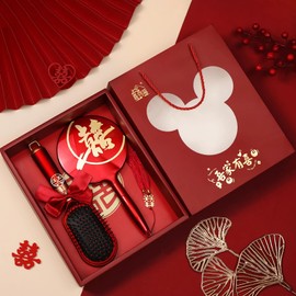 BAIWOVIS Chinese Wedding Accessories for Bride, Hair Comb, Curly Hair Brush and Hand Mirror with Double Happiness Decorations, Red Chinese Hair Accessories, Chinese Wedding Favors