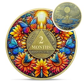 Delicate Sunflower 2 Month Sobriety Coin - Two Month Recovery Butterfly AA Coins - One Day at A Time NA HA AA Chips and Medallions - 1-40 Years Living Clean Alcoholics Anonymous Gifts for Men Women
