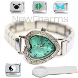 D'linQ Green Heart Italian Charm Watch Bracelet Plus Charm Tool &amp; Enamel Charms