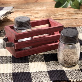 Park Designs Cozy Farmhouse Salt and Pepper With Caddy, Rustic Glass Salt and Pepper Shaker with Wooden Holder, Country Farmhouse Table and Kitchen Accessory