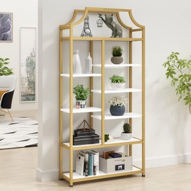 Gyfimoie Lux Etagere 8-Tier Open Shelf Bookcase – 70.87" H x 31.5" L, Modern Metal Frame with Gold Finish & White Shelves, Tall Storage Display for Bedroom, Home Office & Living Room (Gold)