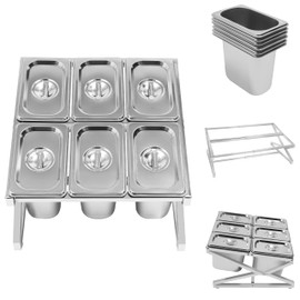 Telescopic Pizza Topping Station Organizer Condiment Container Dispenser W/6 Pans & Lids, Stainless Steel Ingredients Food Container Countertop Spice Rack Holder Seasoning Sauce Salad Jam Fruits