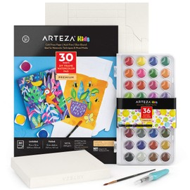 Arteza Kids Watercolor Painting Art Set, Watercolor Paint 36 and Foldable Canvas Paper Bundle, DIY Painting Kit, Art Supplies for Kids and Adults
