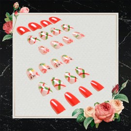 24PCS Cute Christmas Short Press on Nails Almond Fake Nails Gingerbread Man Snowflake Candy False Nails with Xmas Tree Elk Plaid Designs Glue on Nails Glossy Acrylic Nails for Women Xmas Nails Art