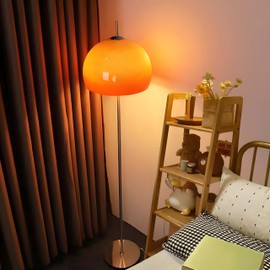 Bofea-Mid Century Modern Orange Floor lamp,Mushroom Tall Standing Lamp with Gradient Orange Dome Glass Shade,Chromium Color Pole Tall Lamp for Home Office Bedroom Livingroom Decor Floor Lamp. (Orange)
