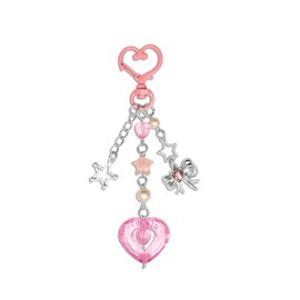 Nalefow Keychain for Women Gold Bow Angel Wings KeyChains Novel Star Heart Strawberry Racket Pendants Bag Charm Key Chains (Pink Heart)