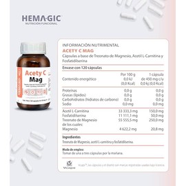 Acety C Mag - Suplemento Alimenticio Con Treonato De Magnesio, Acetil L-Carnitina Y Fosfatidilserina - 120 Cápsulas Veganas 450 mg c/u - Sin OGM, Glut
